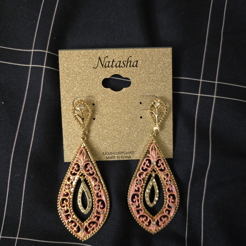 Natasha Couture Gold and Pink Filigree Earrings